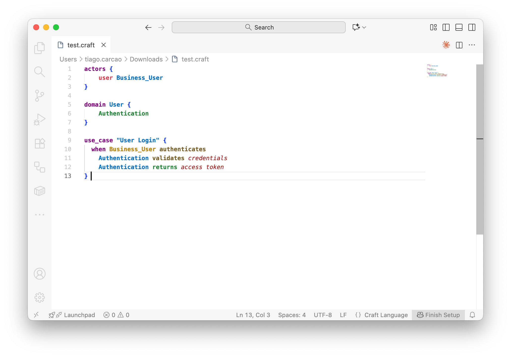 Basic Craft code with syntax highlighting