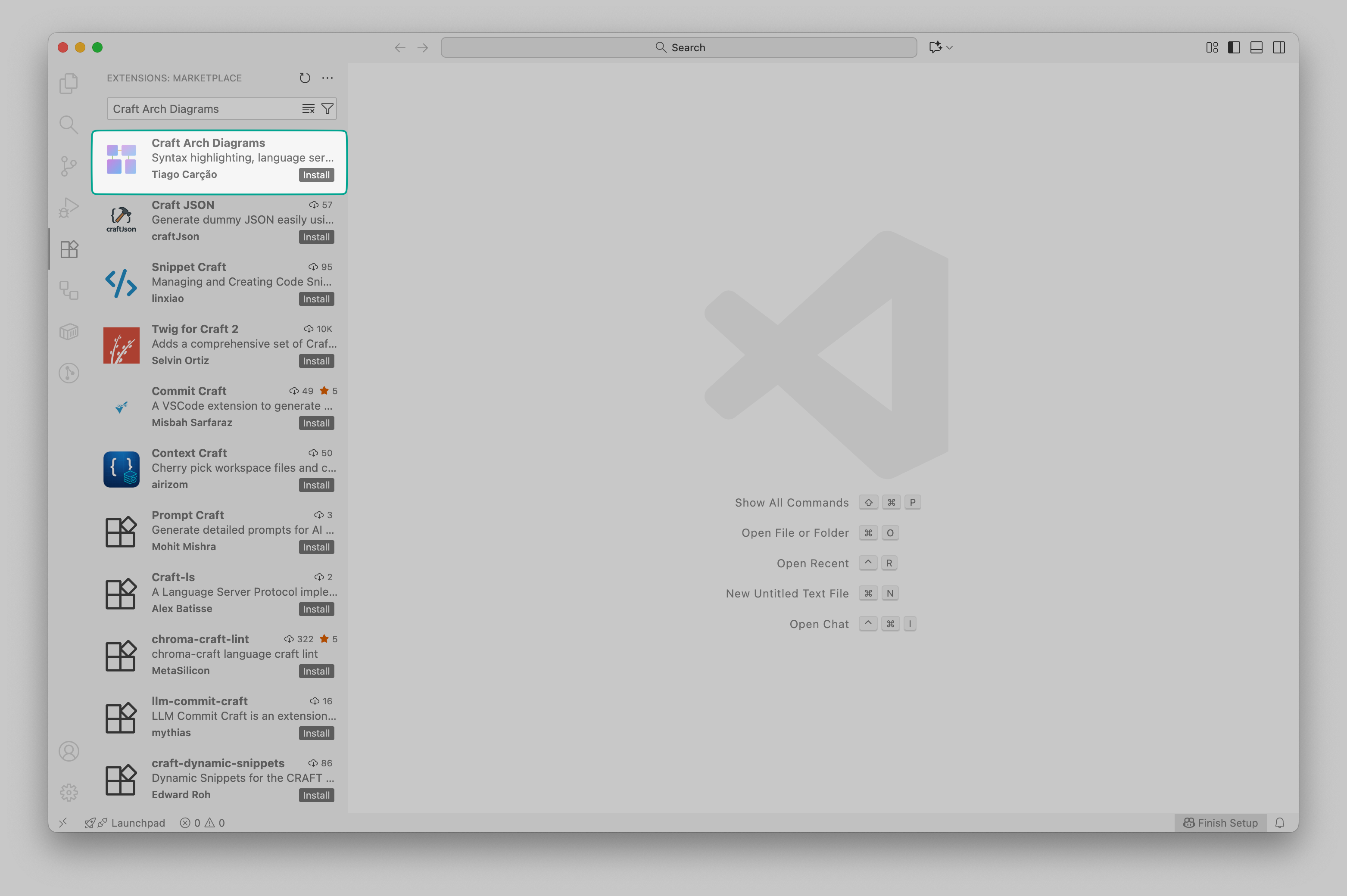VS Code Extensions marketplace showing Craft Arch Diagrams extension with Install button