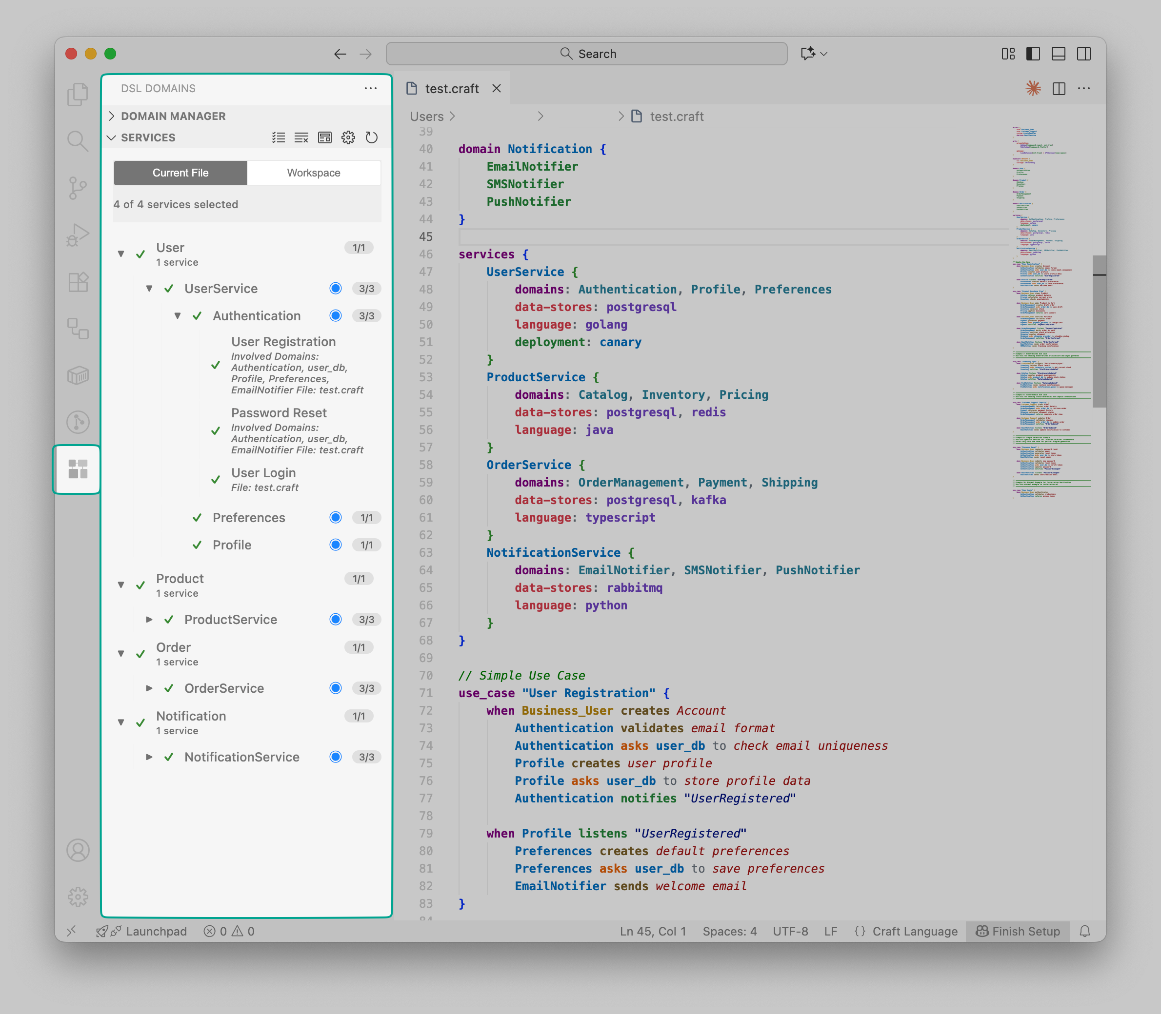 Services panel in sidebar